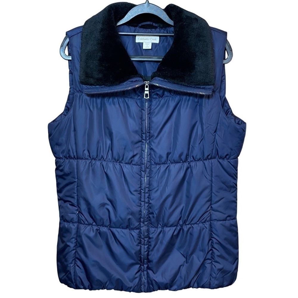 Coldwater Creek Navy Blue Faux Fur Collar Puffer Vest Women Size M